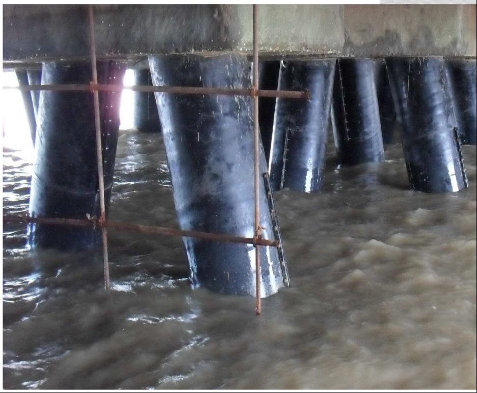 Steel pipe piles in water at a jetty