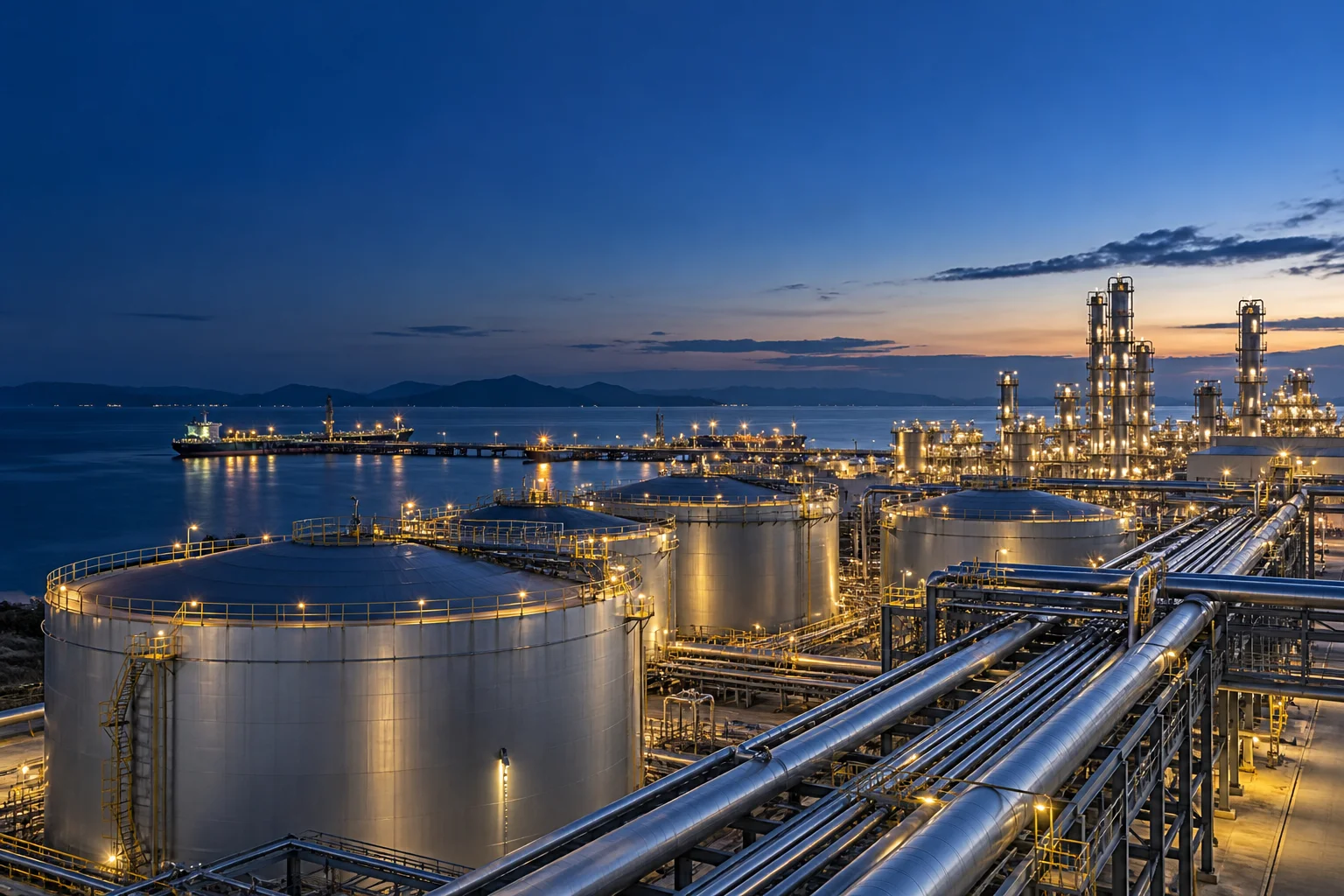 Illustrative coastal energy terminal at dusk, with storage tanks and industrial pipelines