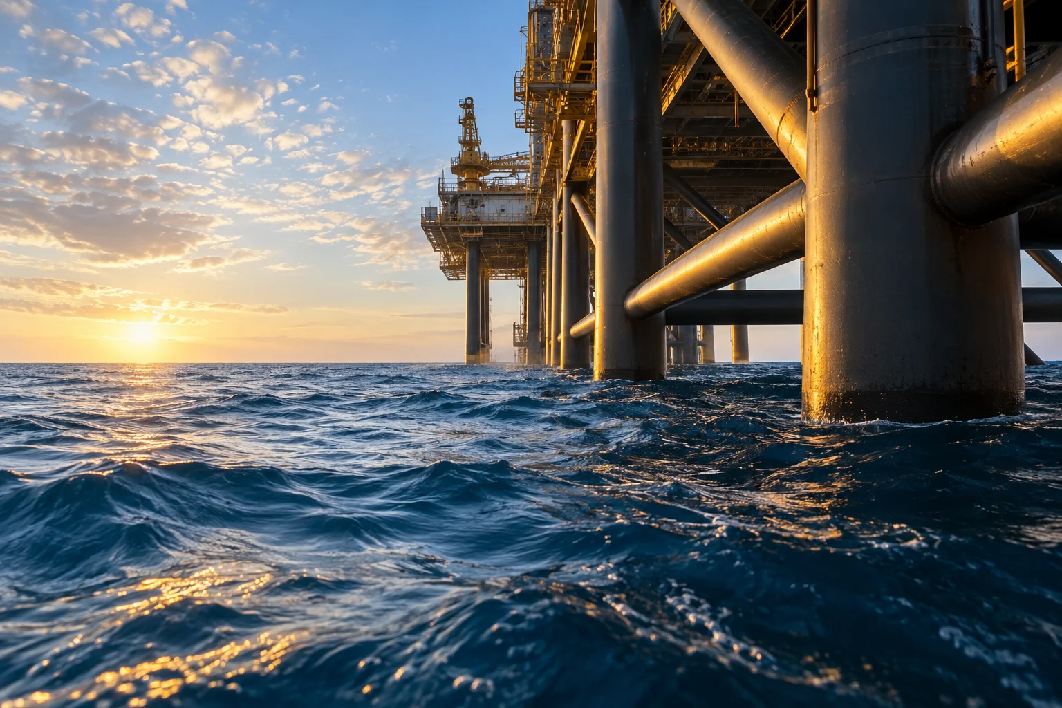 Illustrative offshore steel structure above ocean waves