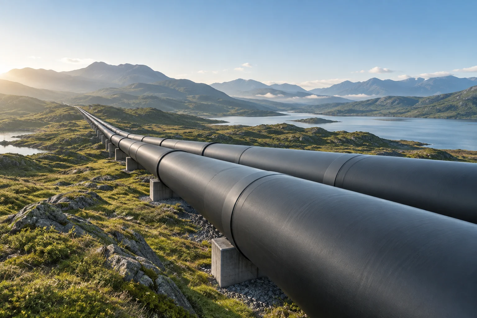 Illustrative coated transmission pipelines across an open landscape
